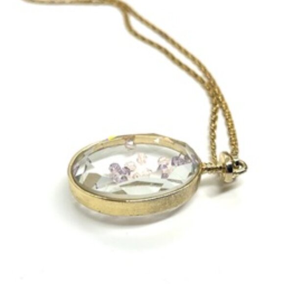 VINTAGE SHAKER NECKLACE GOLD TONE CRYSTAL OVAL PENDANT LONG SNAIL LINK CHAIN - Picture 6 of 12